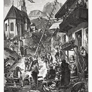 Raising of a maypole in Bavaria, Germany, woodcut, published 1885