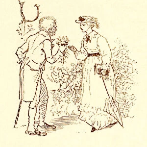 Randolph Caldecott - Man presenting bunch of flowers to woman