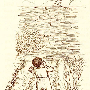 Randolph Caldecott sketch of a small Victorian boy scaring birds
