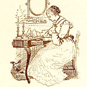 Randolph Caldecott sketch of a Victorian woman at her desk