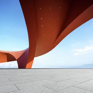 Red abstract decorative buildings and empty squares on sunny days Red abstract decorative buildings and empty squares on sunny days
