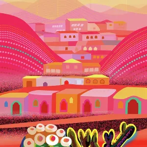Red Desert in misty light, barrel cactus and mountain village houses in distance landscape Illustration