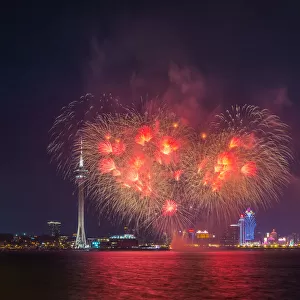 Red fireworks display in heart shape in Macau