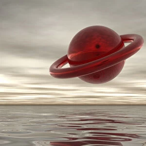 Red flying object in the grey sky, 3D computer graphics