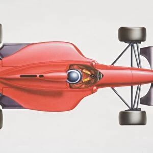 Red formula 1 racing car, view from above