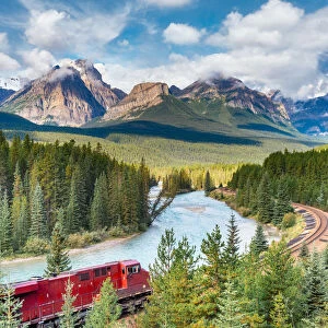 Red train at Morants curve, Banff National Park, Canadian Rockies, Canada