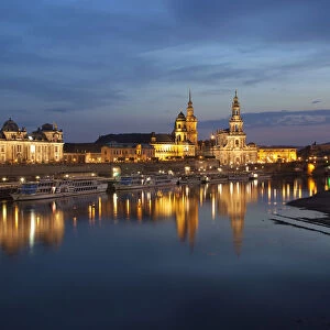 Reflection of the historic city centre of Dresden in the Elbe River in the evening light, Saxony, Germany, Europe