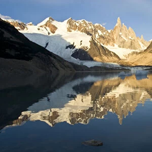 Reflection of Mt Cerro Torre in a glacial lake in the morning, Parque Nacional Los Glaciares, Los Glaciares National Park, Patagonia, Argentina, South America