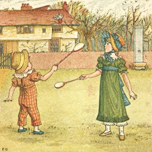 Regency style children playing shuttlecock and battledore on a village green