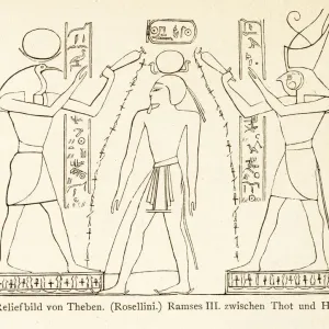 relief sculpture of Ramses III with inbetween Thoth and Horus relief sculpture of Ramses III with inbetween Thoth and Horus