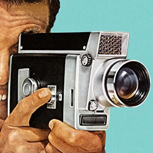 Retro style painting of man using vintage video camera