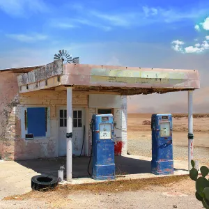 Retro Style Scene of old gas station in Arizona Desert