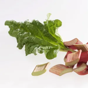 Rhubarb pieces and rhubarb leaf