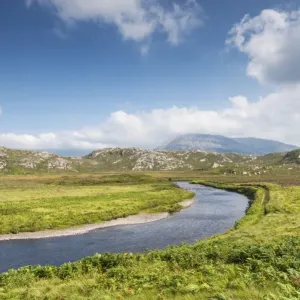 The rich in fish Laxford river is fed by Loch Stack and flows into Loch Laxford, Sutherland, Scotland, United Kingdom, Europe The rich in fish Laxford river is fed by Loch Stack and flows into Loch Laxford, Sutherland, Scotland, United Kingdom, Europe