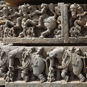 Riders on horses and elephants, rows of figurines on the wall of Kesava Temple, Keshava Temple, Hoysala style, Somnathpur, Somanathapura, Karnataka, South India, India, South Asia, Asia