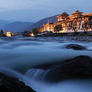 River and illuminated buildings, Punakha, Punakha District, Bhutan