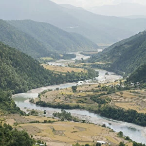 River landscape, river meandering through a valley, near Punakha, the Himalayas, Bhutan