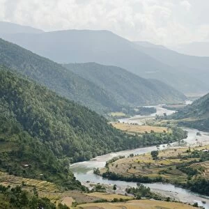 River landscape, river meandering through a valley near Punakha, the Himalayas, Kingdom of Bhutan, South Asia, Asia