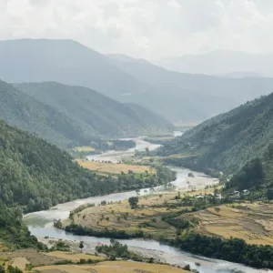 River landscape, river meandering through a valley near Punakha, the Himalayas, Kingdom of Bhutan, South Asia, Asia River landscape, river meandering through a valley near Punakha, the Himalayas, Kingdom of Bhutan, South Asia, Asia
