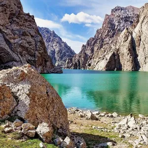 Rock formation around the alpine Koel-Suu lake, Kurumduk valley, Naryn province, Kyrgyzstan Rock formation around the alpine Koel-Suu lake, Kurumduk valley, Naryn province, Kyrgyzstan