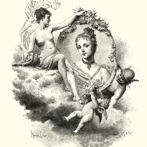Roman gods Mercury, Venus, Cupid surrounding a young woman Roman gods Mercury, Venus, Cupid surrounding a young woman