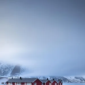 Rorbuer cabins from Hamnoy by the fjord, Hamnoey, Moskenesoeya, Lofoten, Norway