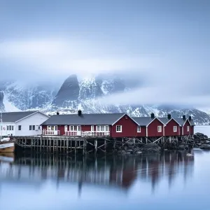Rorbuer cabins from Hamnoy by the fjord, Hamnoey, Moskenesoeya, Lofoten, Norway Rorbuer cabins from Hamnoy by the fjord, Hamnoey, Moskenesoeya, Lofoten, Norway