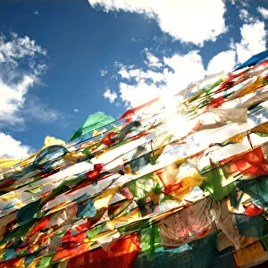 Rows of Colorful Prayer Flags in Mount Everest Sun