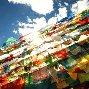 Rows of Colorful Prayer Flags in Mount Everest Sun Rows of Colorful Prayer Flags in Mount Everest Sun