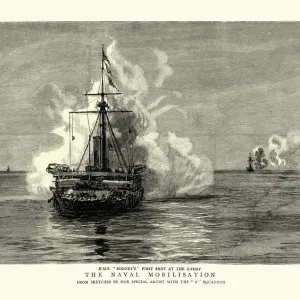 Royal Navy maneuvers, HMS Rodneys first shot at the enemy, Victorian warship Royal Navy maneuvers, HMS Rodneys first shot at the enemy, Victorian warship