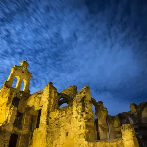 Ruins of abandoned convent one night with blue sky and the full moon Ruins of abandoned convent one night with blue sky and the full moon