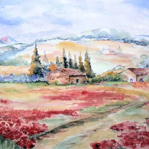 Poppy Field Print - Mediterranean Landscape with Huts and Mountains