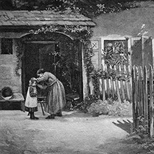 Rural toilet, mother cleaning her child in the garden of the farm, garden fence, Germany, Historic, digital reproduction of an original 19th century painting, original date not known
