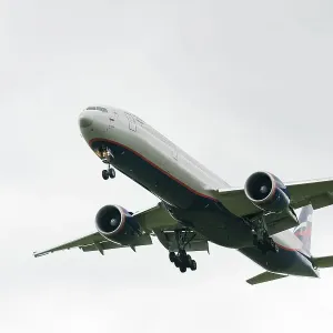 Russian Airlines Aeroflot commercial passenger aircraft Boeing 777-300ER landing during a flight on the route Moscow Sheremetyevo International Airport SVO - Petropavlovsk-Kamchatsky Airport PKC Russian Airlines Aeroflot commercial passenger aircraft Boeing 777-300ER landing during a flight on the route Moscow Sheremetyevo International Airport SVO - Petropavlovsk-Kamchatsky Airport PKC
