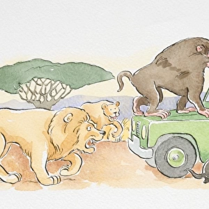 A safari jeep with monkeys climbing on it, lions following close behind