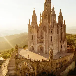 Sagrat Cor church at Tibidabo mountain at sunset, Barcelona, Catalonia, Spain