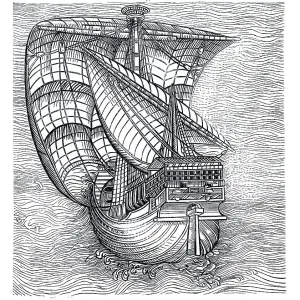 Buque de vela del siglo XV grabado en madera. Buque de vela del siglo XV grabado en madera.
