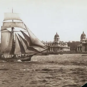 Sailing ship passes the Royal Naval College in Greenwic Sailing ship passes the Royal Naval College in Greenwic