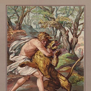 Samsons fight with the lion, chromolithograph, published in 1900