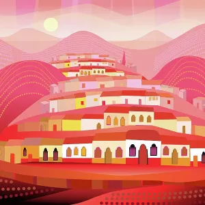 San Miguel de Allende, Mexico on Hills in Folk Style Illustration