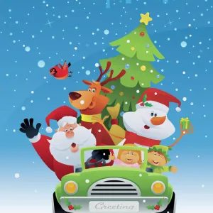 Santa with a reindeer and snowman in a car