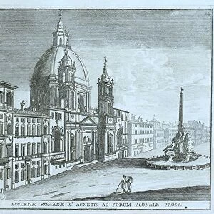 Sant'Agnese in Agone, St. Agnes in Agone, a Catholic church in the Parione district, the Rione VI of the historic centre of Rome, historic view hemeroplanes triptolemus (1779), historic Rome, Italy, digital reproduction of a 17th century original