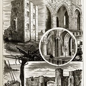 Scarborough Landmarks in Yorkshire, England Victorian Engraving, 1840
