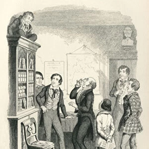 Scared Victorian schoolboy hiding on top of a bookcase