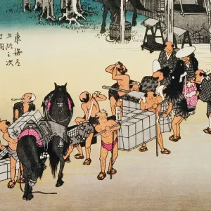 Scenery of Fujieda in Edo Period, Painting, Woodcut, Japanese Wood Block Print Scenery of Fujieda in Edo Period, Painting, Woodcut, Japanese Wood Block Print