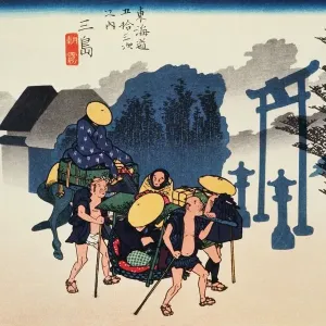 Scenery of Mishima in Edo Period, Painting, Woodcut, Japanese Wood Block Print Scenery of Mishima in Edo Period, Painting, Woodcut, Japanese Wood Block Print