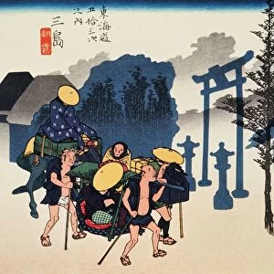 Scenery of Mishima in Edo Period, Painting, Woodcut, Japanese Wood Block Print