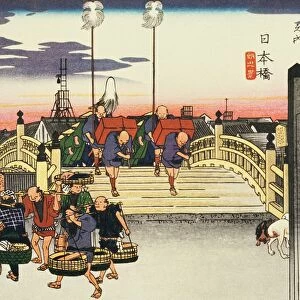 Scenery of Nihonbashi in Edo Period, Painting, Woodcut, Japanese Wood Block Print