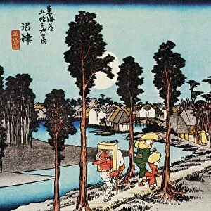 Scenery of Numazu in Edo Period, Painting, Woodcut, Japanese Wood Block Print, Rear View