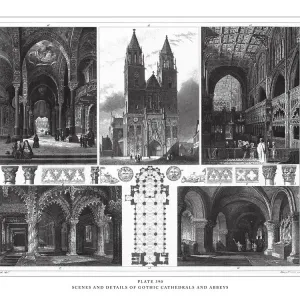 Scenes and Details of Gothic Cathedrals and Abbeys Engraving Antique Illustration Scenes and Details of Gothic Cathedrals and Abbeys Engraving Antique Illustration